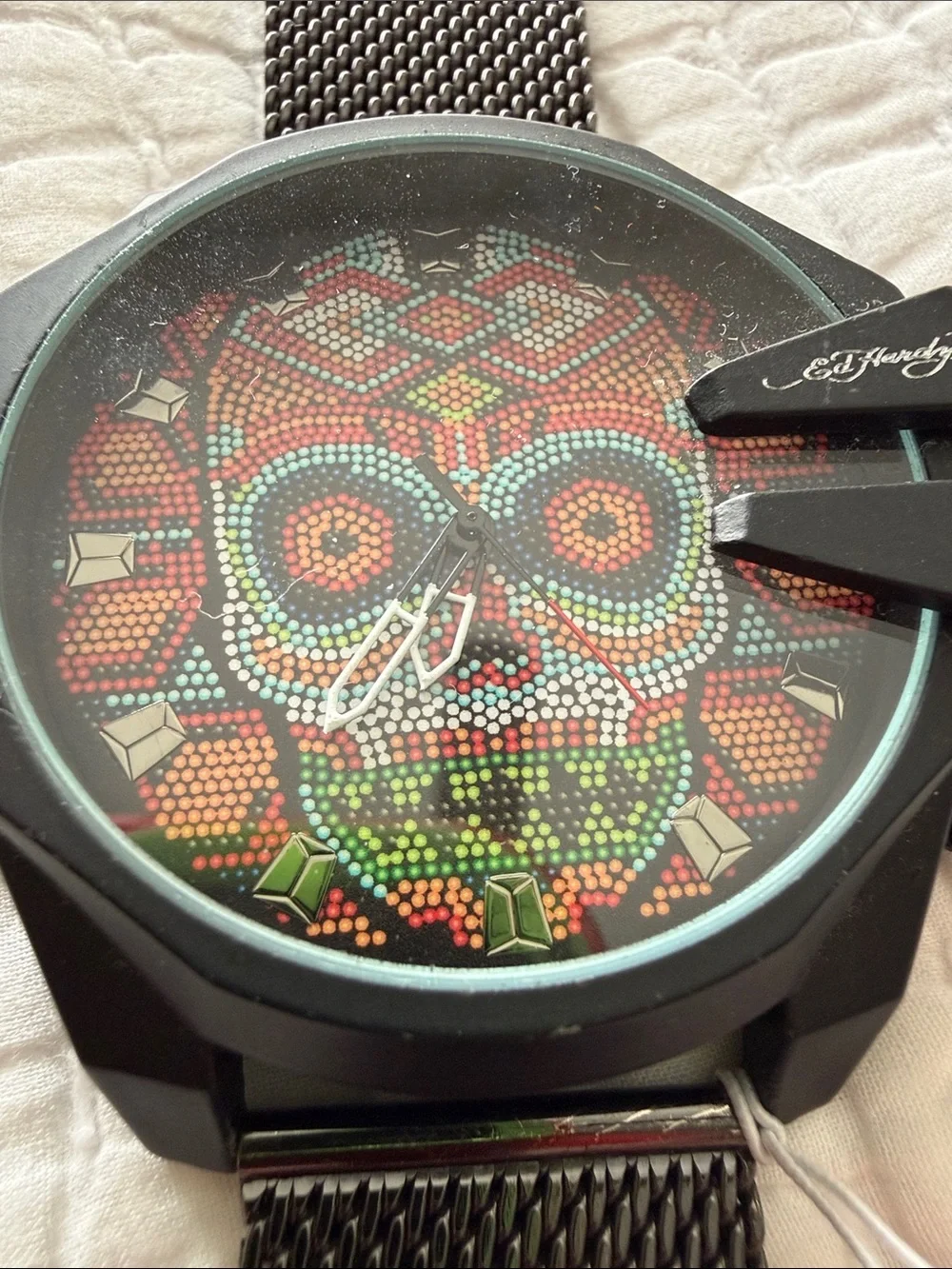 Ed Hardy Multicolor Skull Mosaic Mesh Strap Watch